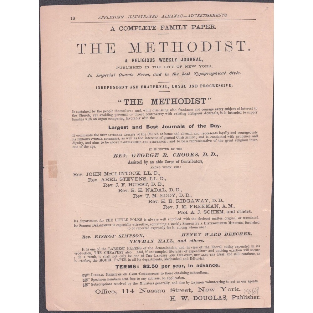 1869 The Methodist Religious Weekly Journal New York Antique Advertisement Print